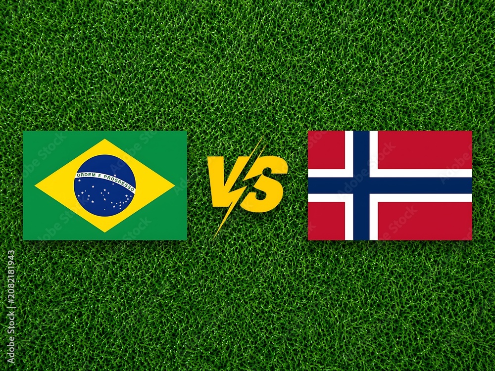 Fototapeta premium Brazil versus Norway flags on a green grass background for a competitive match