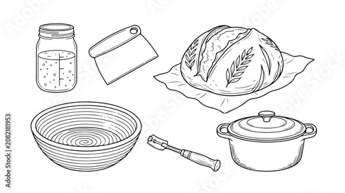 Sourdough Bread Making Tools and Loaf Line Art Illustration