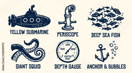 Obraz na płótnie Nautical scene with Hand Drawn yellow submarine, giant squid, and deep sea fish swimming near an anchor and periscope