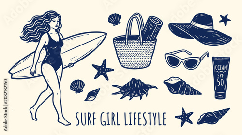 Canvastavla Hand Drawn Surf Girl Enjoys Lifestyle With Summer Accessories