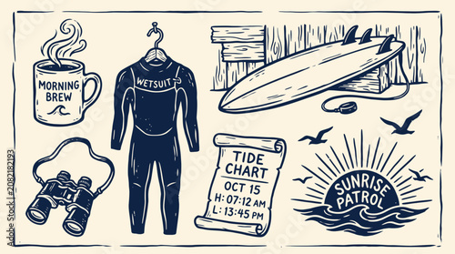 Foto Hand Drawn illustration of a surfboard, wetsuit, and coffee near a tide chart at
