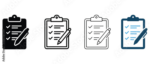 Clipboard with checklist and pen icon set in different colors for business and productivity concepts  office supplies and stationery