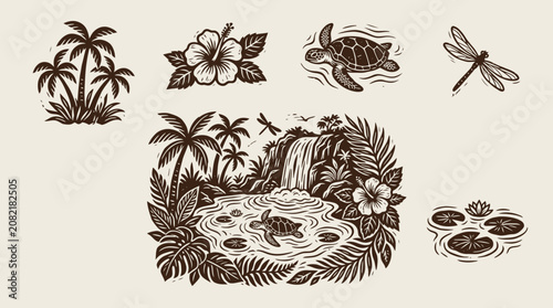 Canvastavla A serene tropical island scene with Hand Drawn palm trees and a waterfall