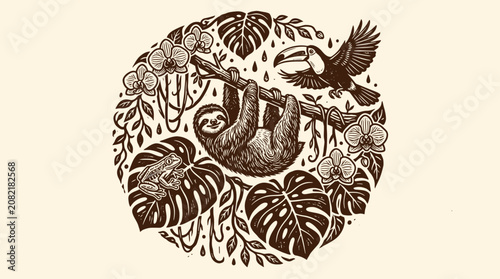 Billede på lærred A Hand Drawn illustration of a sloth hanging on a branch with a bird flying nearby surrounded by tropical leaves and flowers in a circular frame