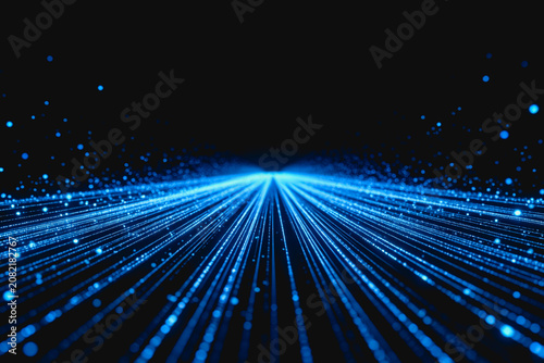 Bright blue light streams with glowing particles converge toward a distant dark point, creating a dynamic futuristic digital visual effect.