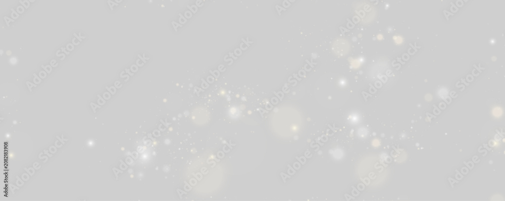 Obraz premium Transparent glitter effect with white glowing dust and bright sparkle particles. Floating gold light spots, lens flare and bokeh texture. Vector PNG illustration.