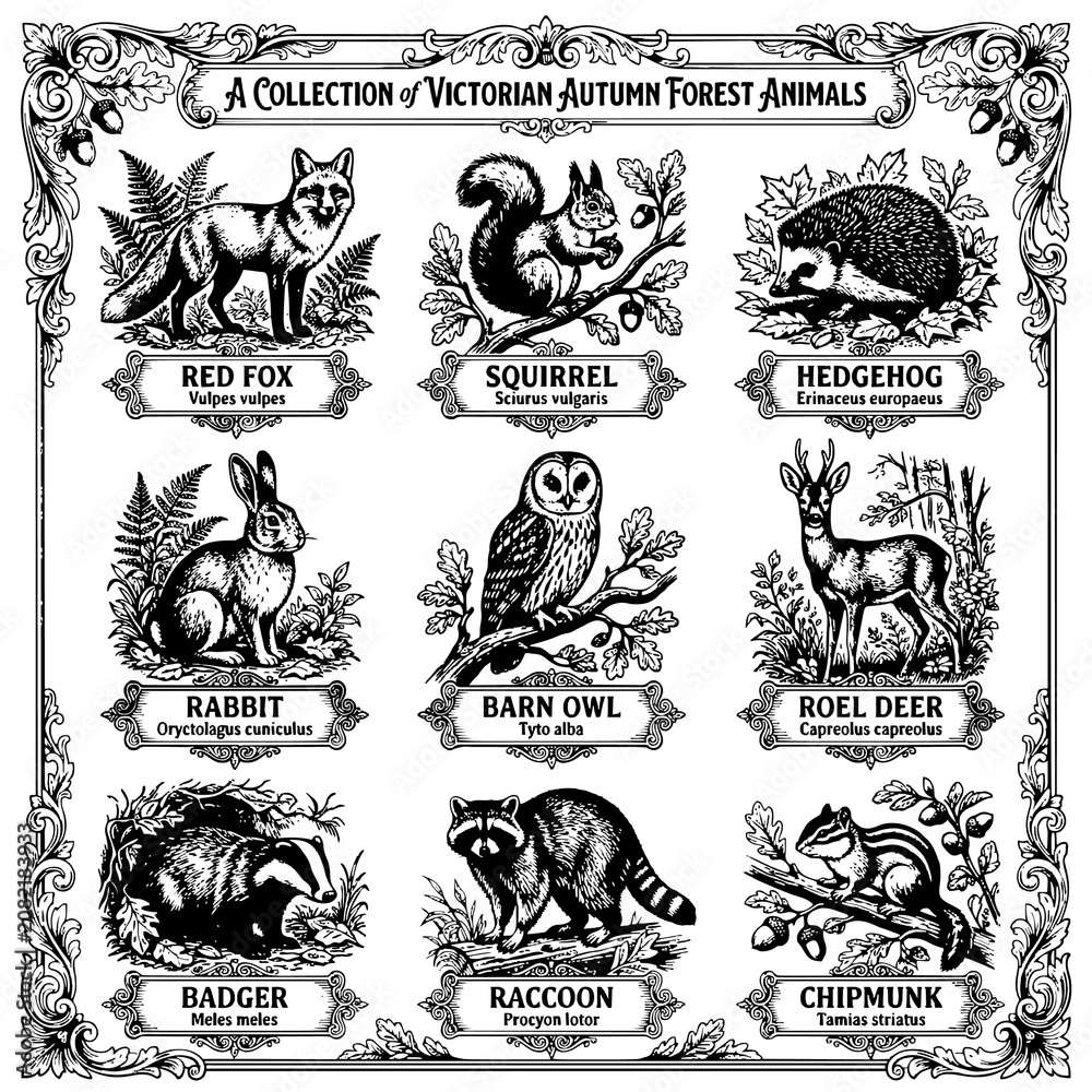 Obraz premium Vintage victorian woodcut collection of autumn forest animals with woodland, wildlife