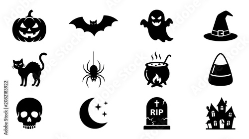 Flat black Halloween icon grid