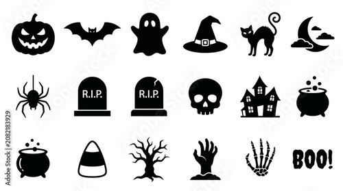 Black Halloween silhouette icons set on white