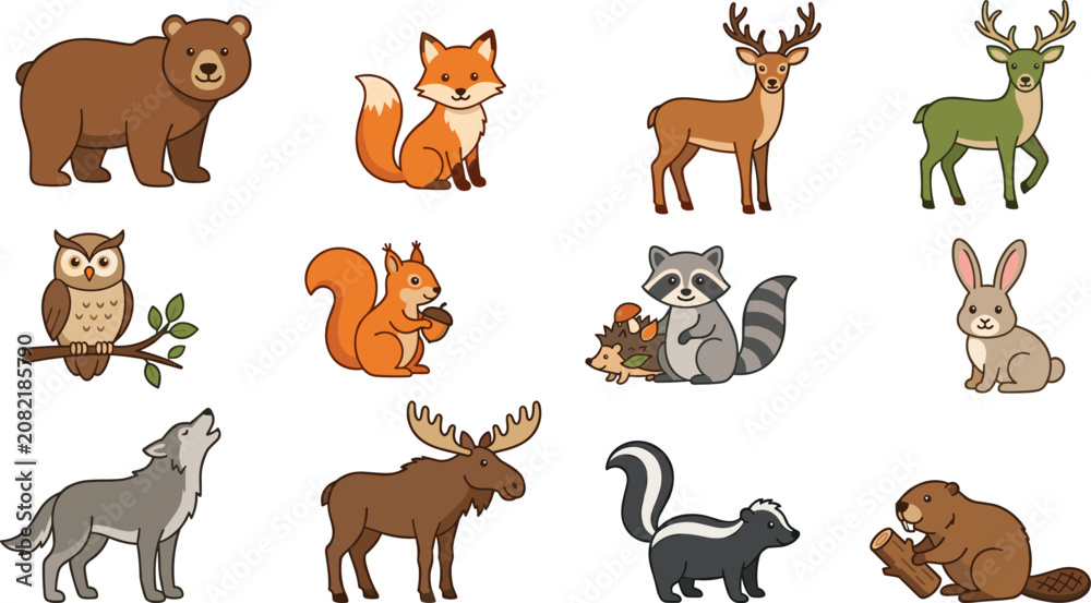 Obraz premium Cute woodland forest animals cartoon icon collection set with bear fox deer owl raccoon and squirrel