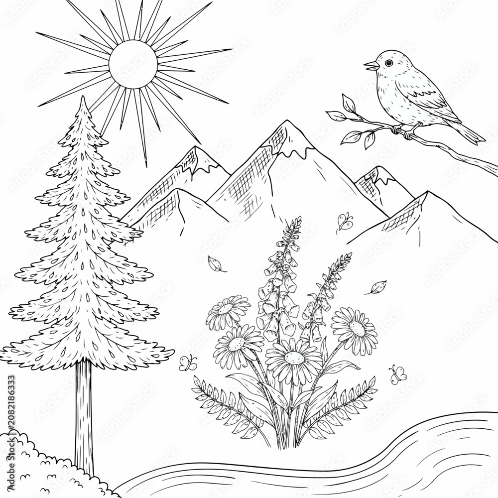 Fototapeta premium Nature Landscape Hand Drawn Vector Set