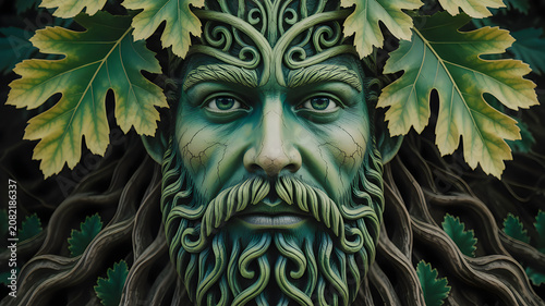 Green man face with oak leaves and wooden roots beard portrait