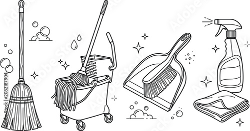 Konstfotografi Cleaning tools vector set with mop bucket straw broom dustpan brush spray bottle and microfiber cloth elements