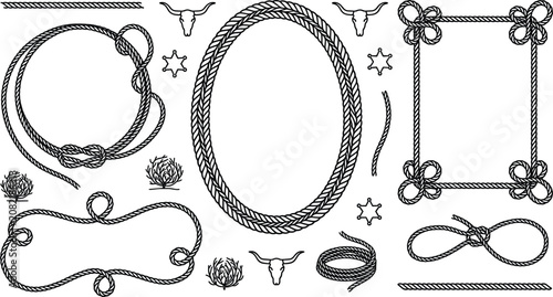 Fotografía Western rope frame vector set with cowboy lasso borders bull skulls sheriff stars and tumbleweed design elements