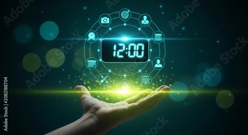 Futuristic digital clock with interconnected icons representing time management communication and data analytics floating above a human hand