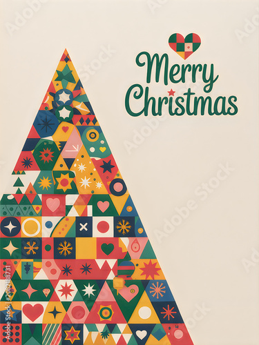 Abstract geometric christmas tree made of colorful shapes with merry christmas text greeting