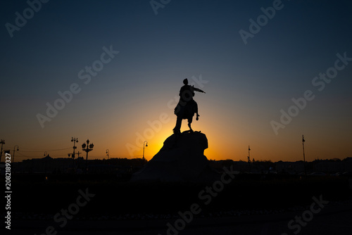 Silhouette of Bronze Horseman sculpture of Peter the Great at dusk. Saint Petersburg, Russia