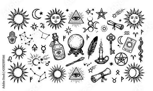 Bild auf Leinwand Solar mystical doodle set esoteric sun symbols magic objects hand drawn vector E