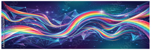 Fotografi Colorful wave pattern with geometric network and sparkling background