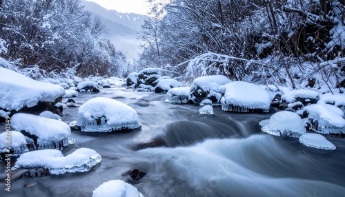 Serene winter landscape with snow-covered forest and river.