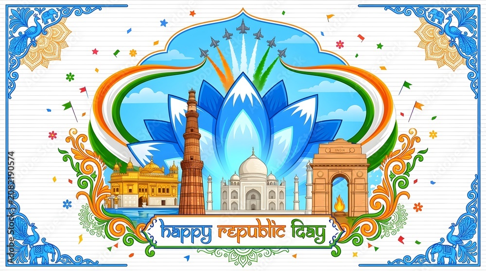 Obraz premium Indian republic day illustration with landmarks and air force jets