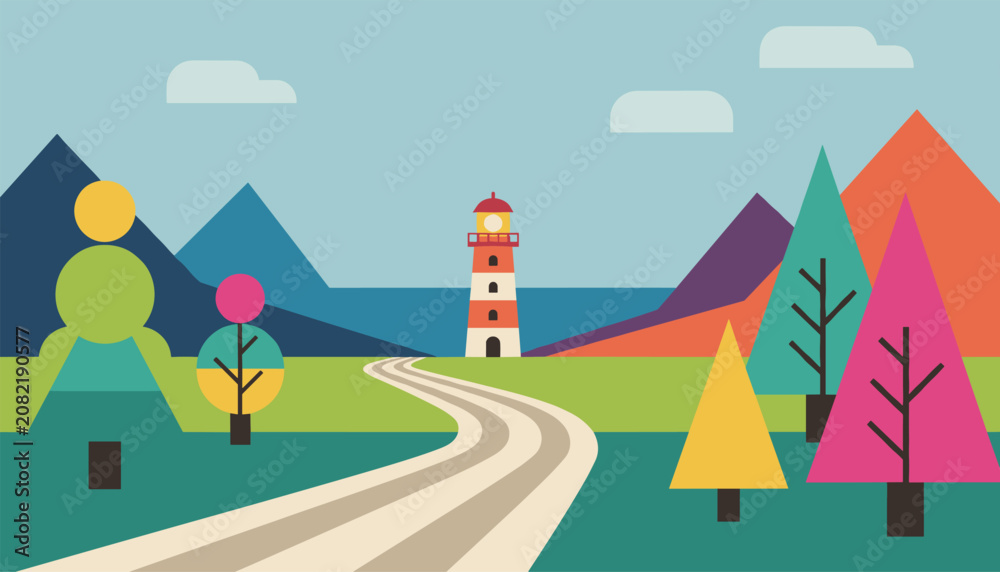 Fototapeta premium Colorful flat geometric landscape featuring winding road leading to striped lighthouse surrounded by trees and mountains.