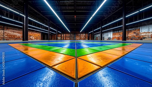 Modern office interior with vibrant LED floor lighting design.