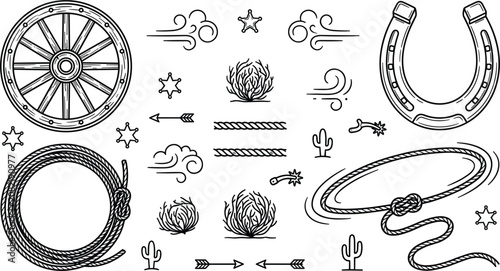 Foto Wild West cowboy element vector set featuring vintage wagon wheel lasso rope horseshoe tumbleweed arrows and desert cactus
