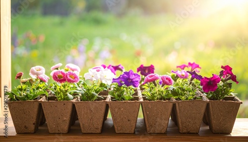 Colorful potted flowers in rustic planters outdoors.