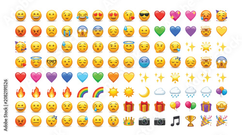 Obraz na płótnie Comprehensive emoji vector collection, diverse yellow emoticons expressing vario