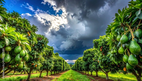 Serene tropical garden with lush greenery and bright blue sky.