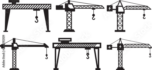 Construction Crane Icon Collection, Tower and Gantry Lifting Equipment Set, Industrial Engineering Isolated Black Vector Illustration for Building Projects