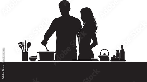 Couple Cooking Together in Modern Kitchen Silhouette, Home Meal Preparation, Domestic Lifestyle, Black Vector Illustration Isolated on White Background
