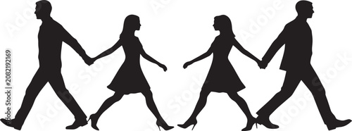 Couple Holding Hands Walking Silhouette Collection, Romantic Man and Woman Poses, Love Relationship Isolated Black Vector Illustration Set Design
