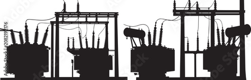 Electrical Power Substation Transformer Silhouette Collection, High Voltage Energy Distribution Equipment, Industrial Infrastructure Isolated Vector Illustration Set Design
