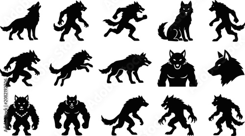 Εκτύπωση καμβά Collection of 15 unique werewolf and wolf silhouettes in various poses and style