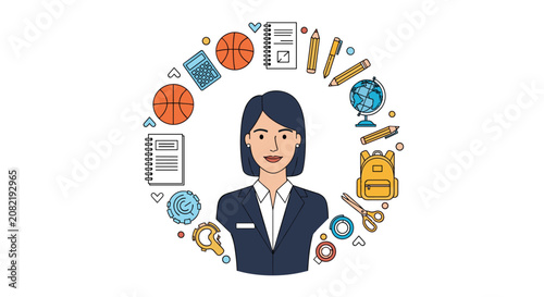 Professional female teacher or educator positioned in the center of a circular arrangement of colorful school and study icons.