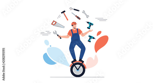 Skilled handyman balances on a unicycle while impressively juggling an array of construction tools such as a saw, hammer, and drill.