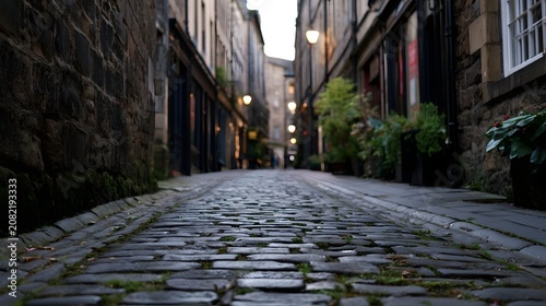 A narrow cobblestone alley flanked by old stone buildings and potted plants under soft daylight