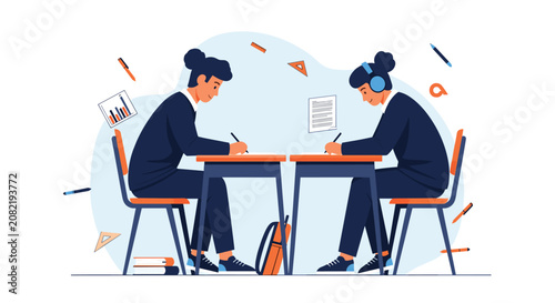 Two students sit back to back at their desks working on assignments with various school supplies floating in the background.