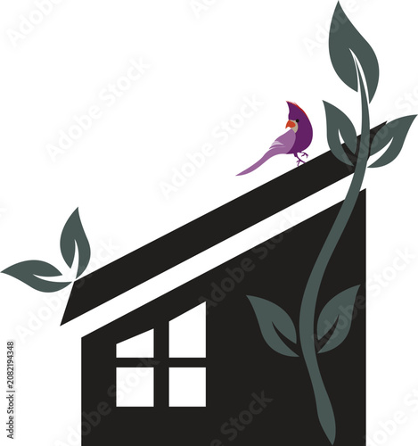 Abstract vector logo design of a bird sitting on a house roof with green leaves