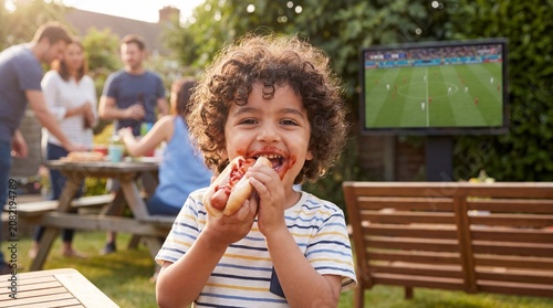 Happy child eats hot dog while watching football game on TV at backyard barbecue party for summer sports marketing campaigns