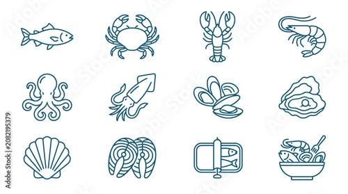 Bilde på lerret Seafood icons including fish, crab, shrimp, and oyster in various illustrations