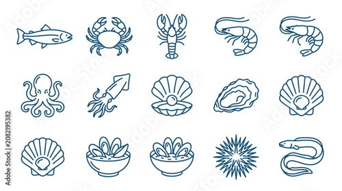 Foto Seafood icons including fish, crab, lobster, shrimp, and various shellfish are illustrated