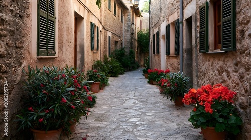 Narrow cobblestone alleyway flanked by rustic stone buildings with green shutters and vibrant potted flowers