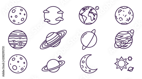 Fotografie Vector illustration of various celestial bodies including planets, moons, and st