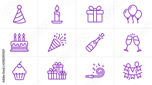 Obraz na plátně Party icons show celebrations with cake, gifts, and champagne in a festive scene