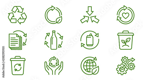 Eco friendly icons illustrate recycling and sustainability concepts in a vector graphic