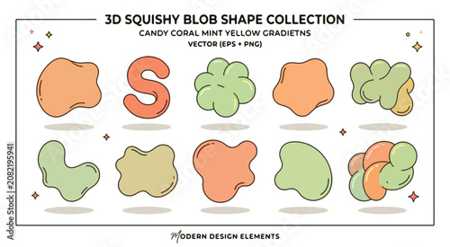 3D Squishy Blob Shape Collection Vector 
— Candy Coral Mint Yellow Inflated 
Pliable Form Modern Design Element EPS