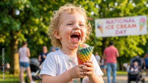 A toddler celebrates National Ice Cream Day with pure joy eating a rainbow cone at the park for summer holiday marketing and family lifestyle content